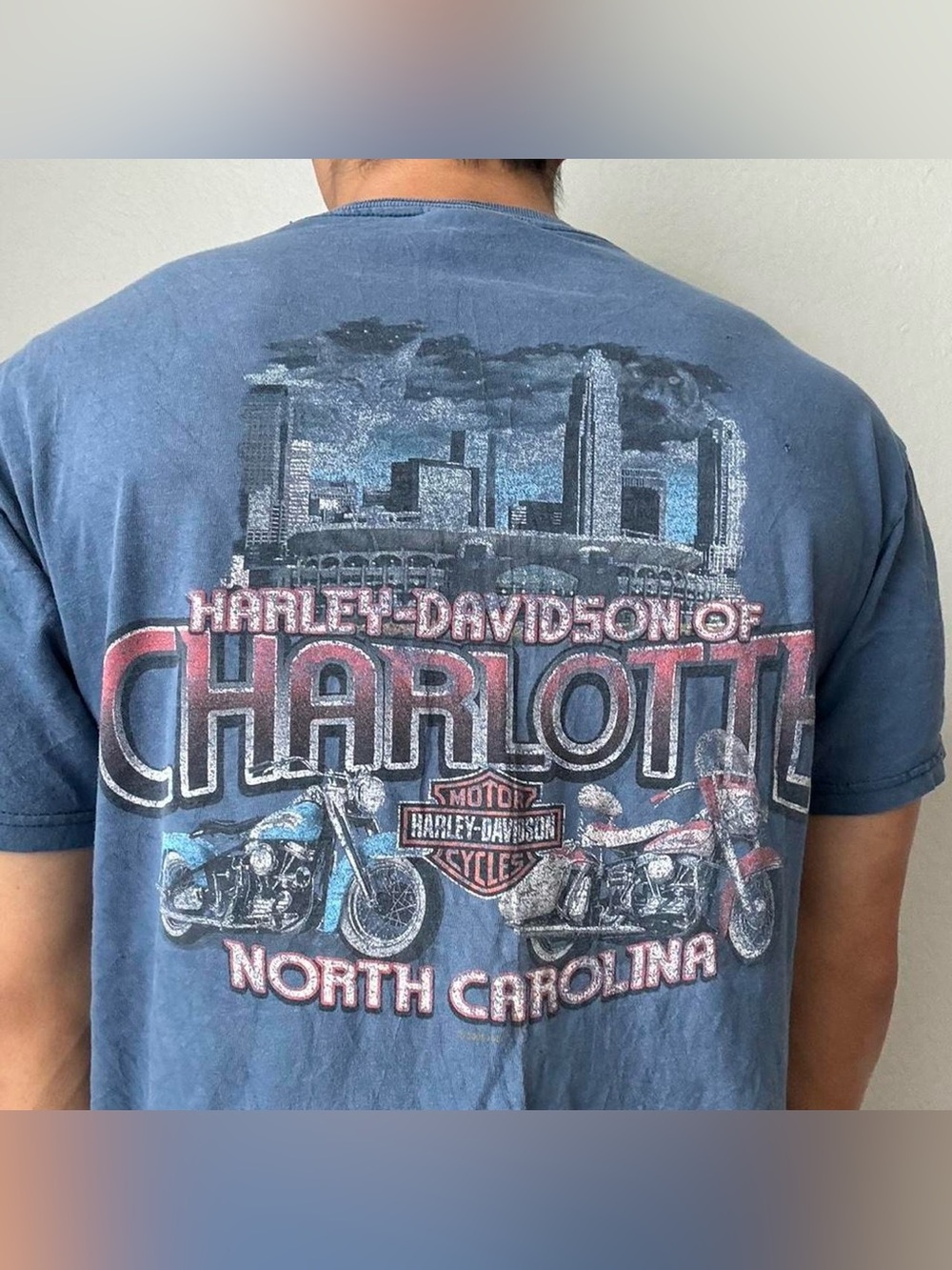 Vintage Harley Davidson Charlotte Graphics Blue Tee Shirt